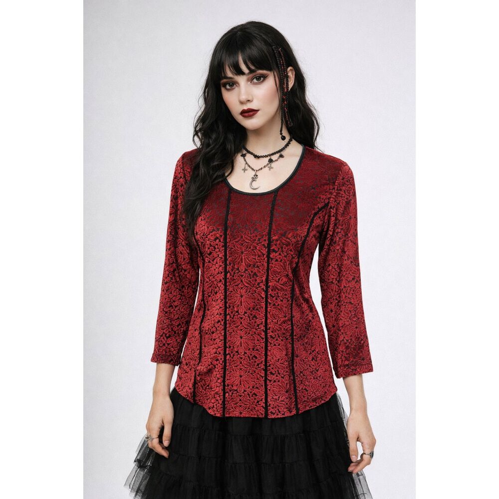 Y2K Dressbarn Red Black Velvet Fleur De Lis Burnout Top Vampire Whimsigoth Med